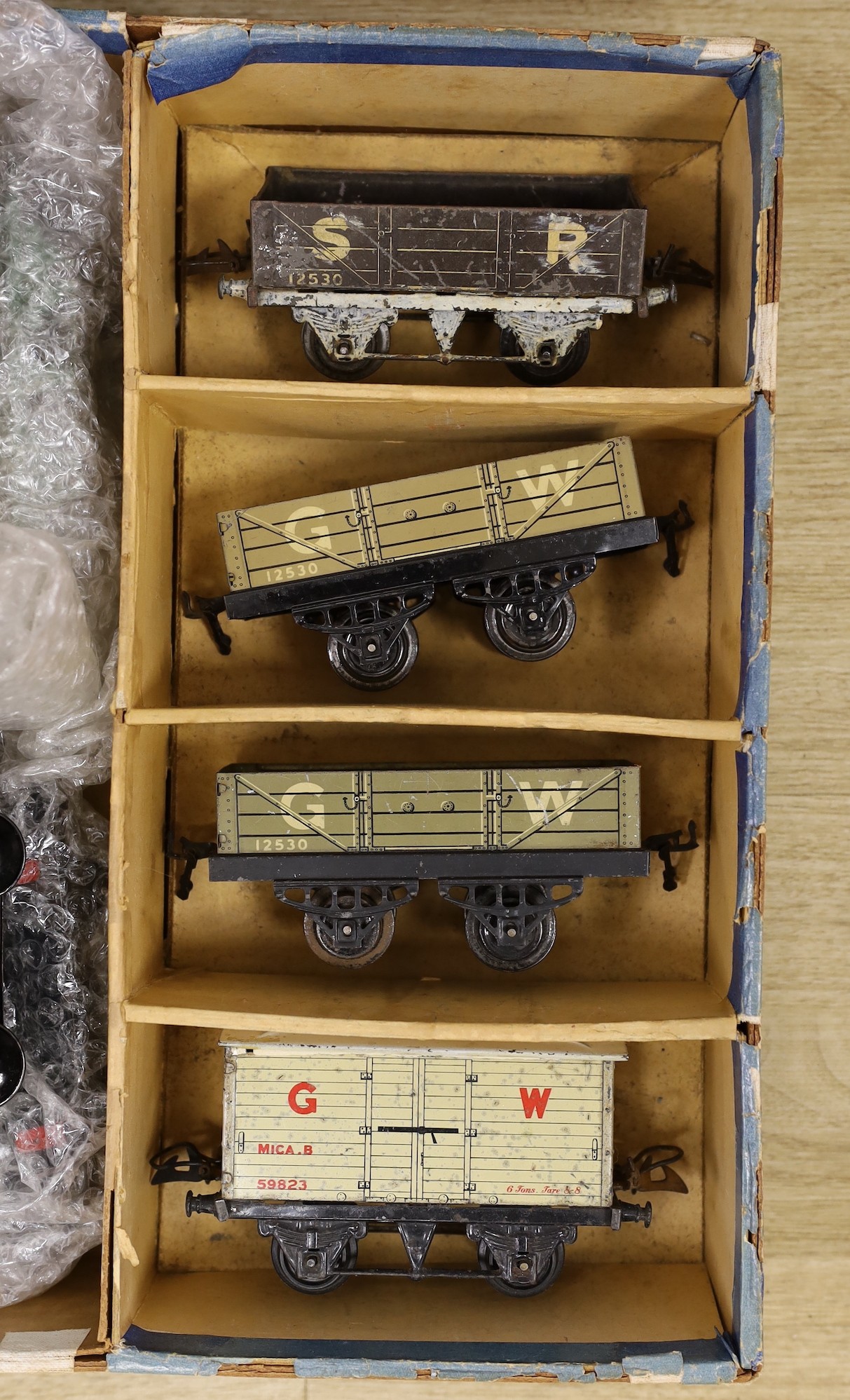 Pre and post war toys, Hornby gauge O goods wagons, Dinky Toys Trojan van, Chivers Jellies, and others